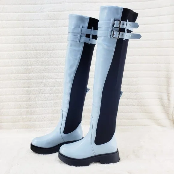 Techno Baby Blue Lycra Stretch Lug Sole Thigh High Combat Rider Brand New - Picture 7 of 16